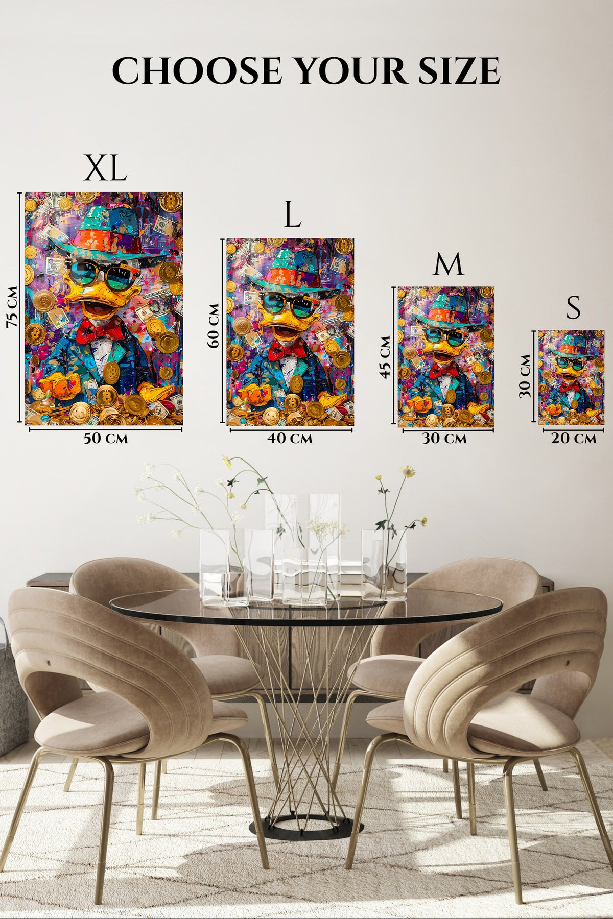 EMESA metal wall art size comparison guide for Pop Art Money Duck