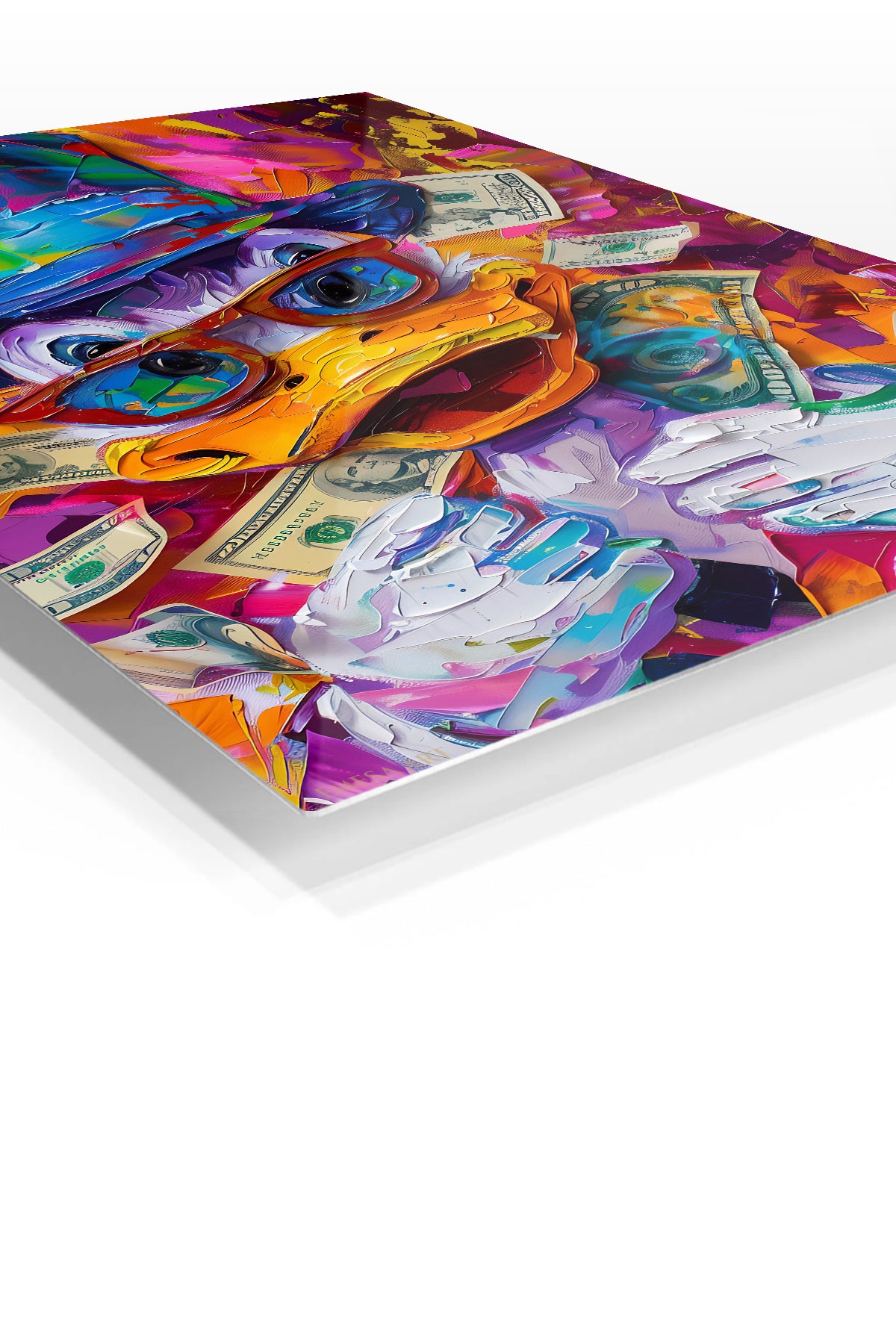 Colorful Money Duck premium metal wall art – angled view