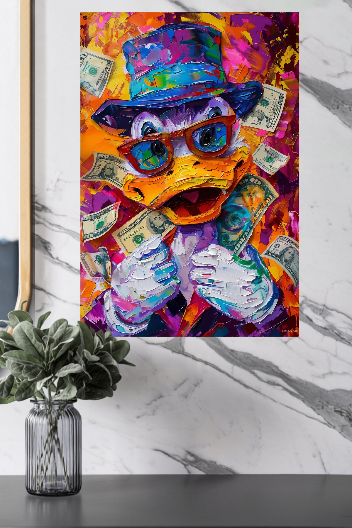 Colorful Money Duck metal wall art displayed in a modern interior