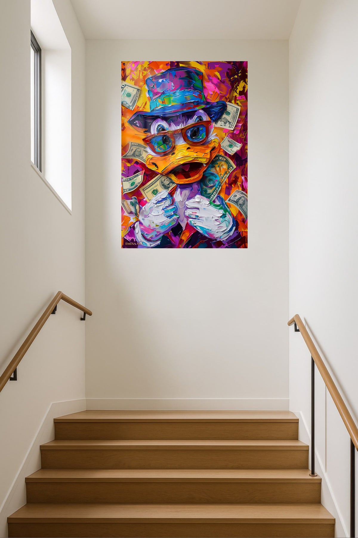 Colorful Money Duck metal wall art displayed in a contemporary living space