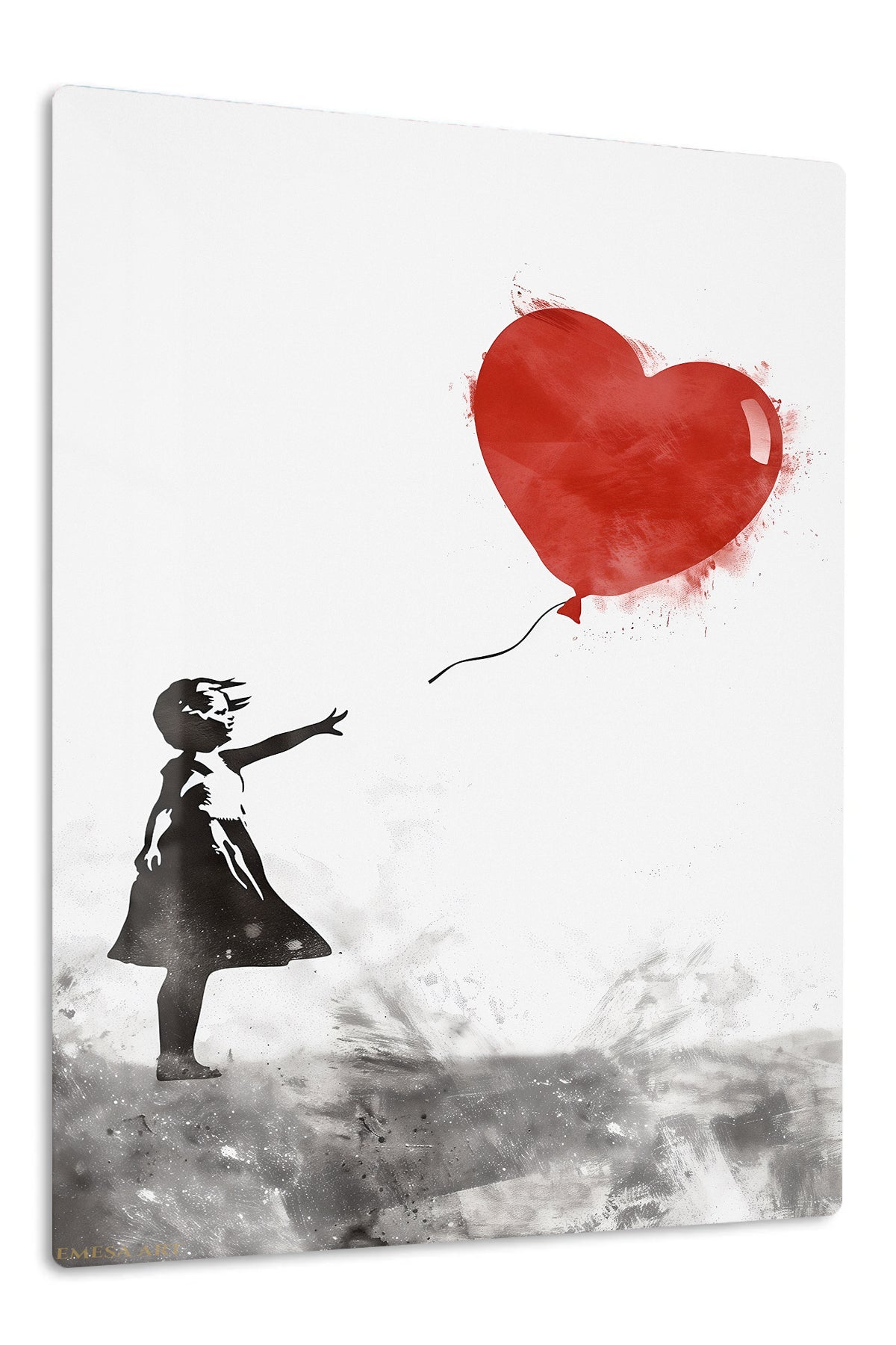 Girl and Red Heart Balloon premium metal wall art – front view