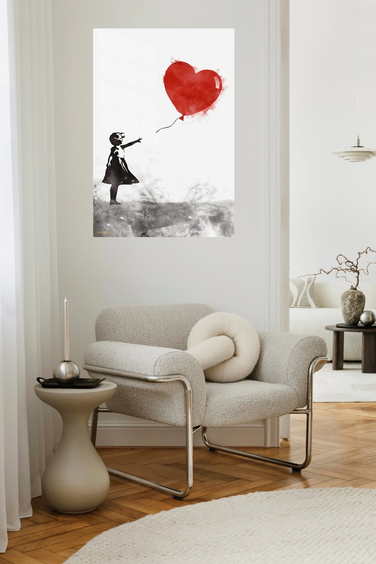 Girl and Red Heart Balloon metal wall art displayed in a contemporary living space