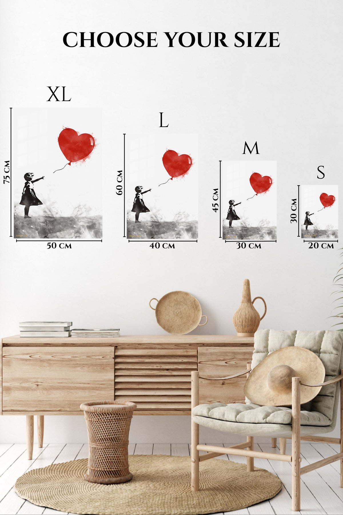 EMESA metal wall art size comparison guide for Girl and Red Heart Balloon