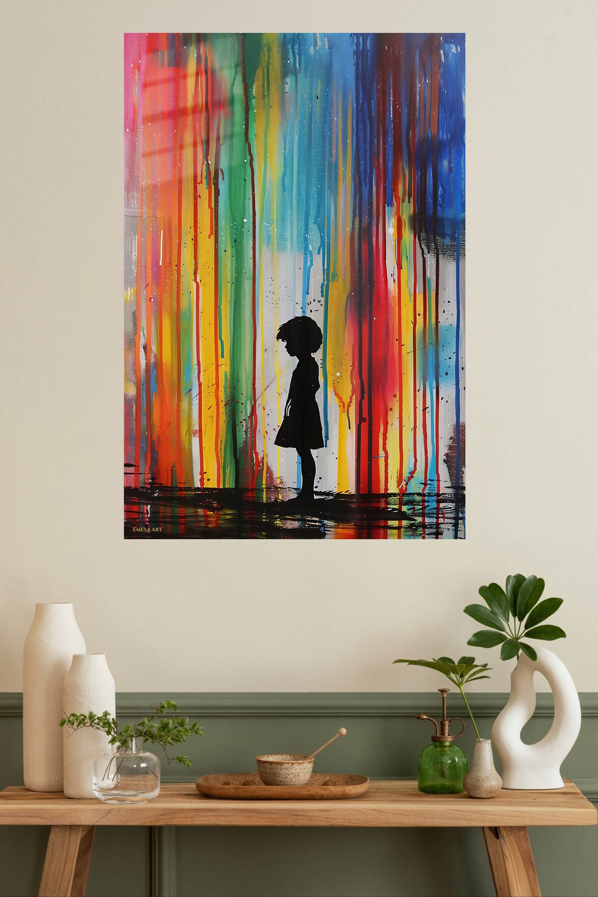 Rainbow Rain Silhouette metal wall art displayed in a modern interior