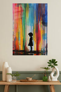 Rainbow Rain Silhouette metal wall art displayed in a modern interior