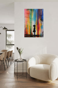 Rainbow Rain Silhouette metal wall art displayed in a contemporary living space