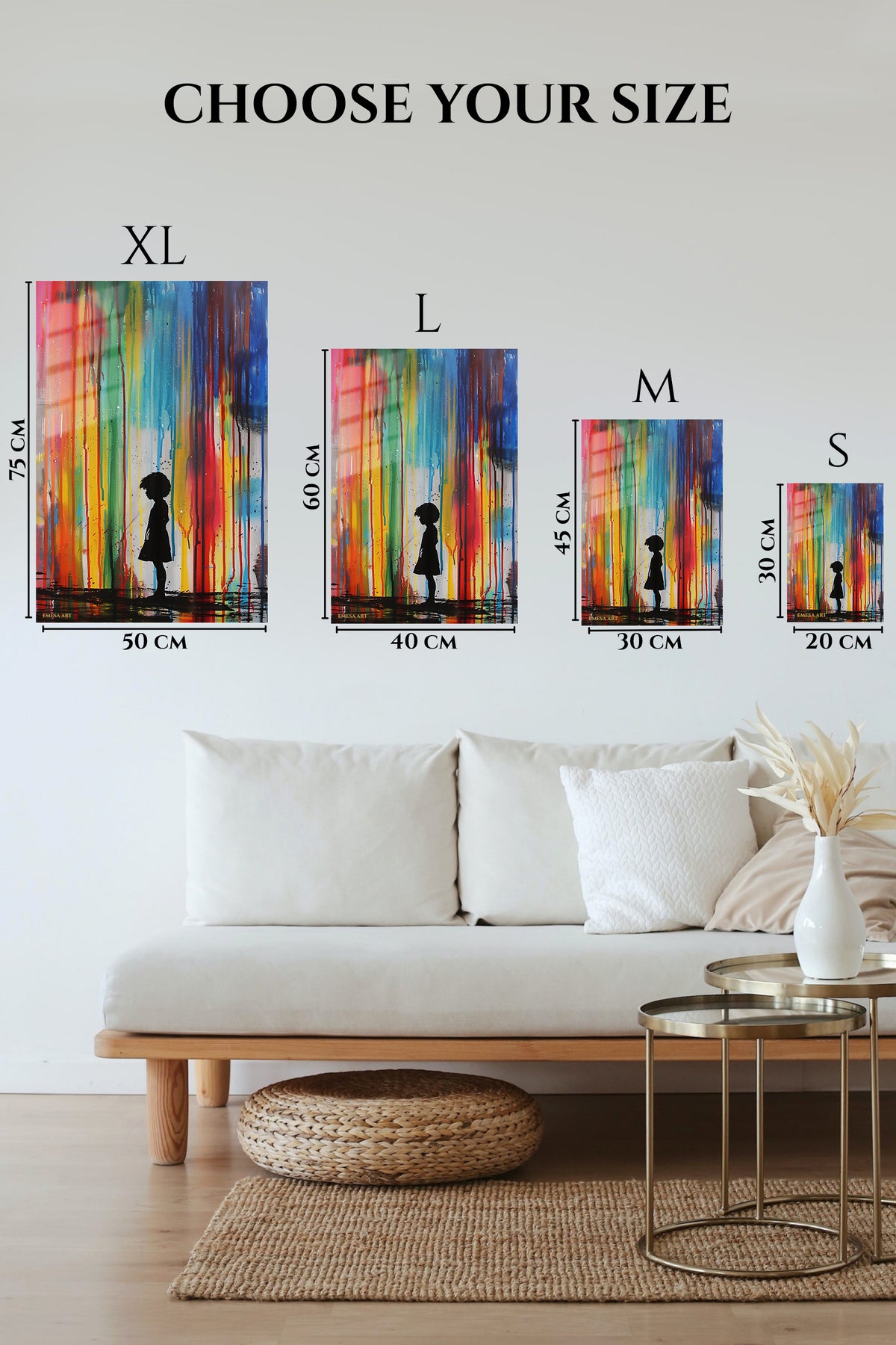 EMESA metal wall art size comparison guide for Rainbow Rain Silhouette