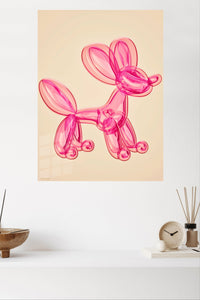 Pink Balloon Dog metal wall art displayed in a modern interior