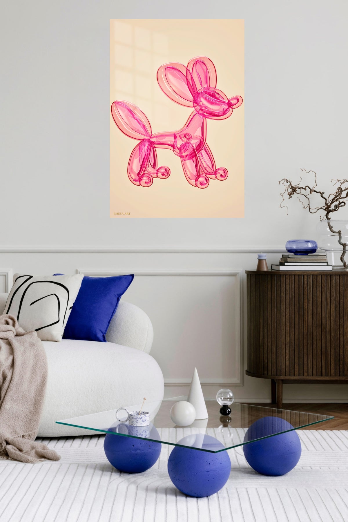 Pink Balloon Dog metal wall art displayed in a contemporary living space
