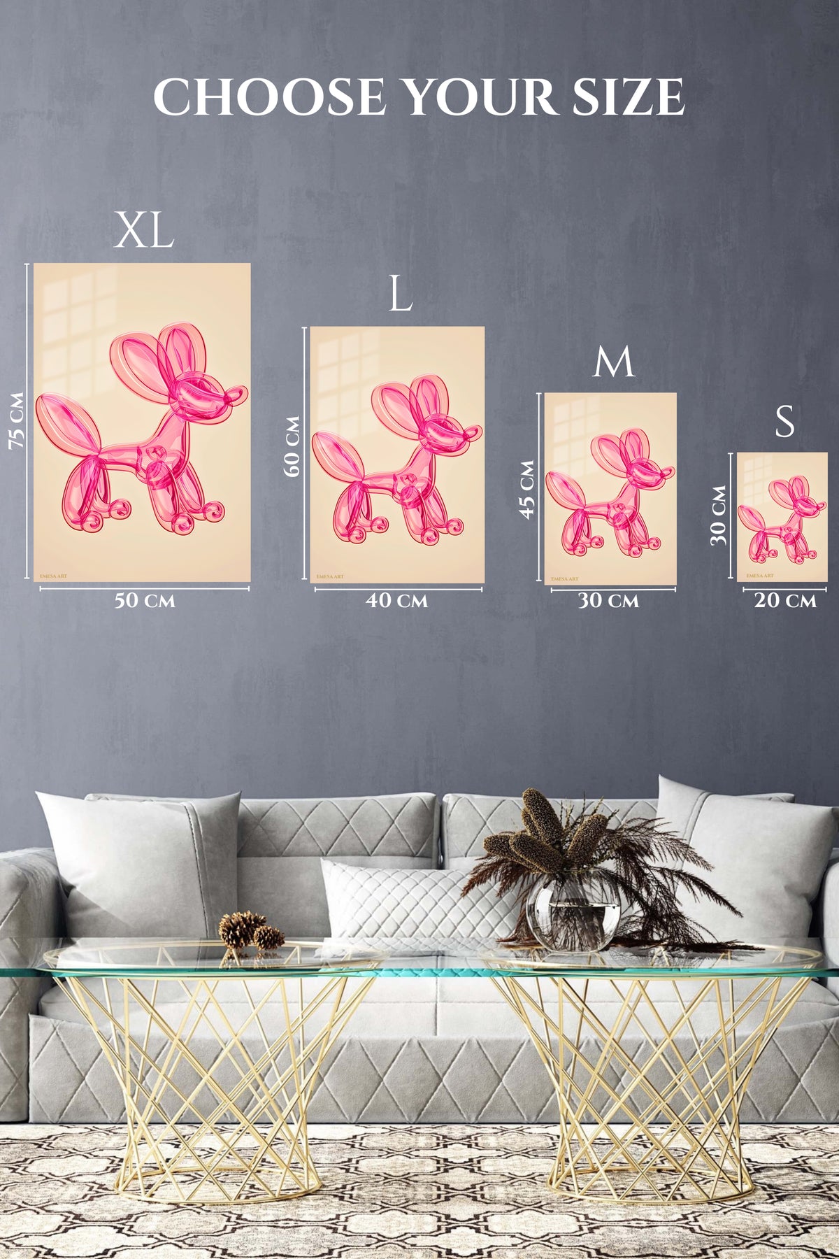 EMESA metal wall art size comparison guide for Pink Balloon Dog