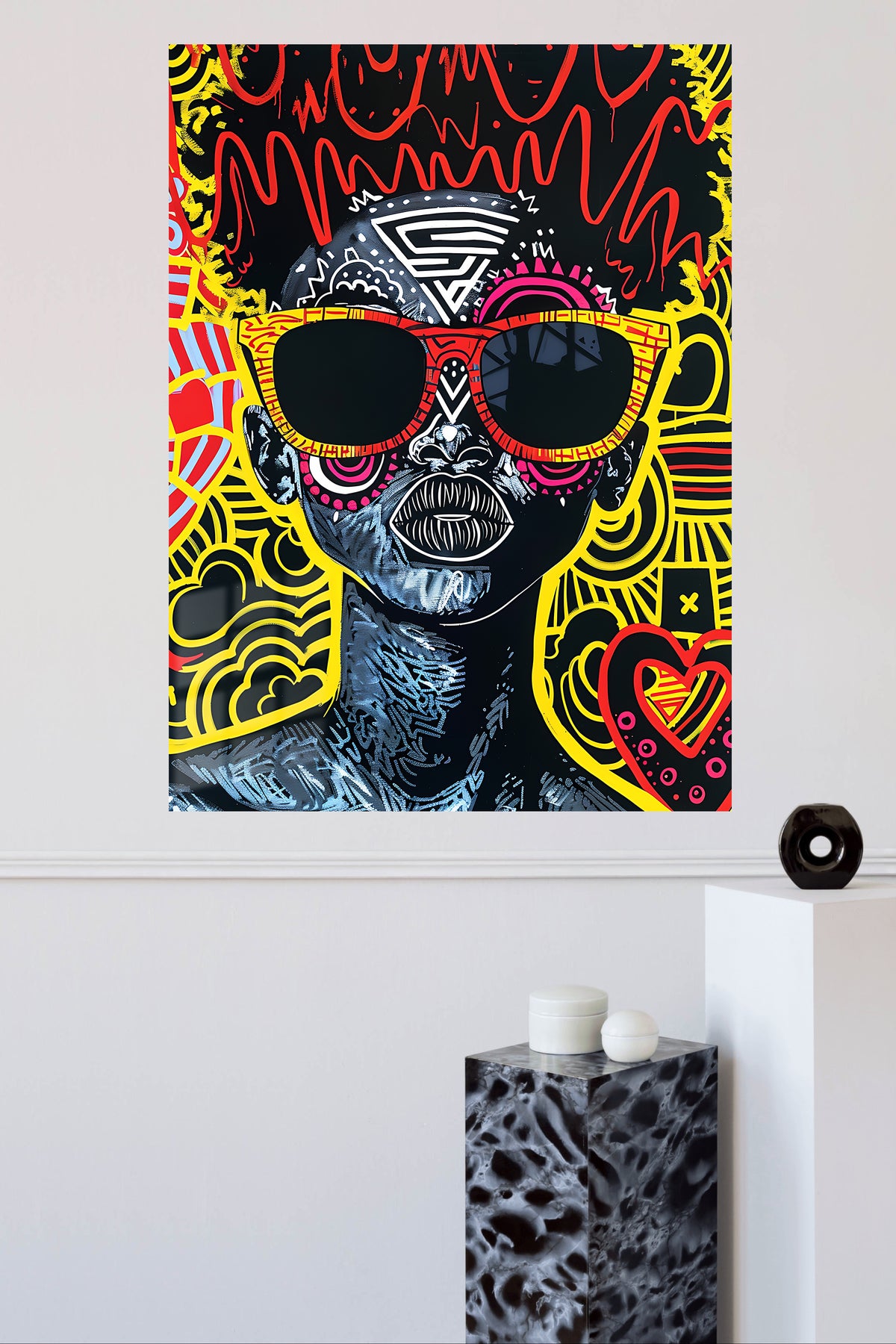 Neon Graffiti Skull metal wall art displayed in a modern interior
