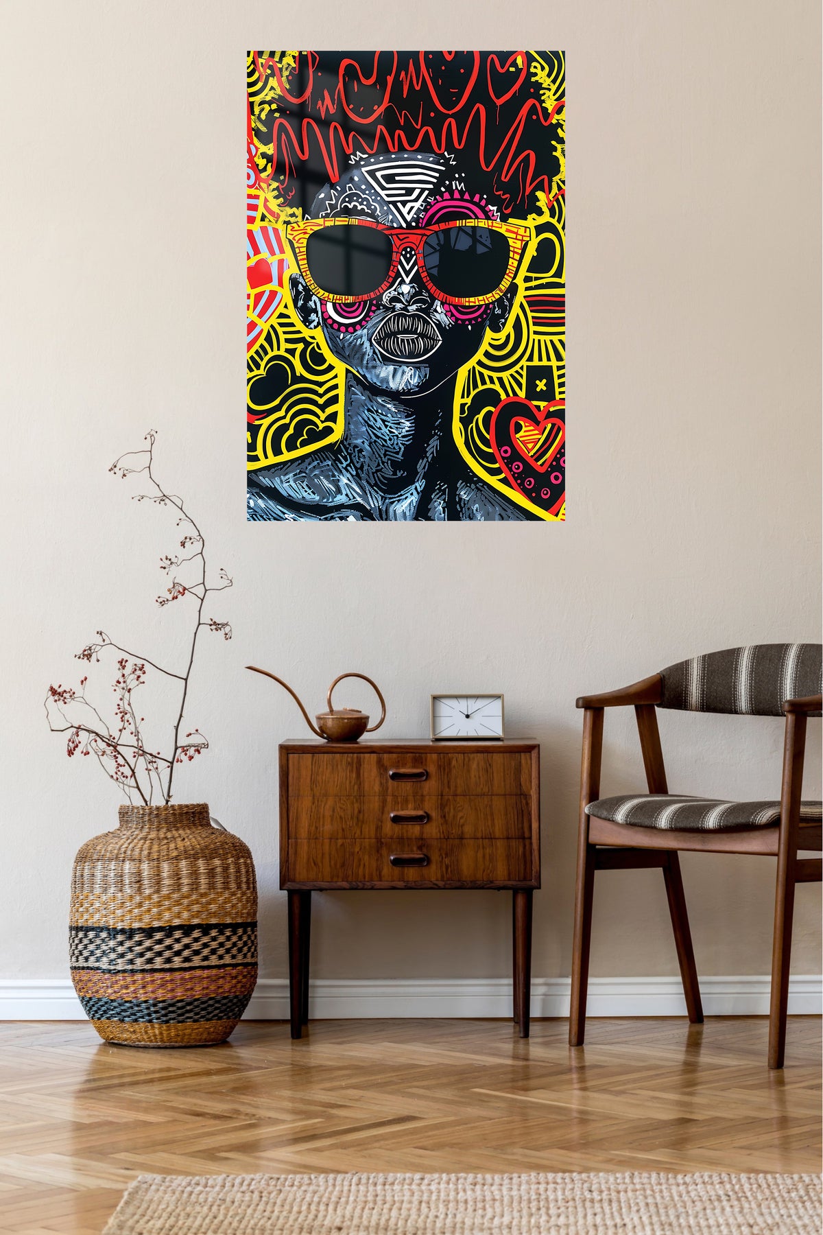 Neon Graffiti Skull metal wall art displayed in a contemporary living space