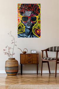 Neon Graffiti Skull metal wall art displayed in a contemporary living space