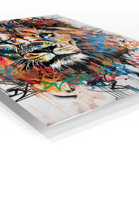 Graffiti Lion premium metal wall art – angled view