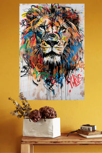 Graffiti Lion metal wall art displayed in a modern interior