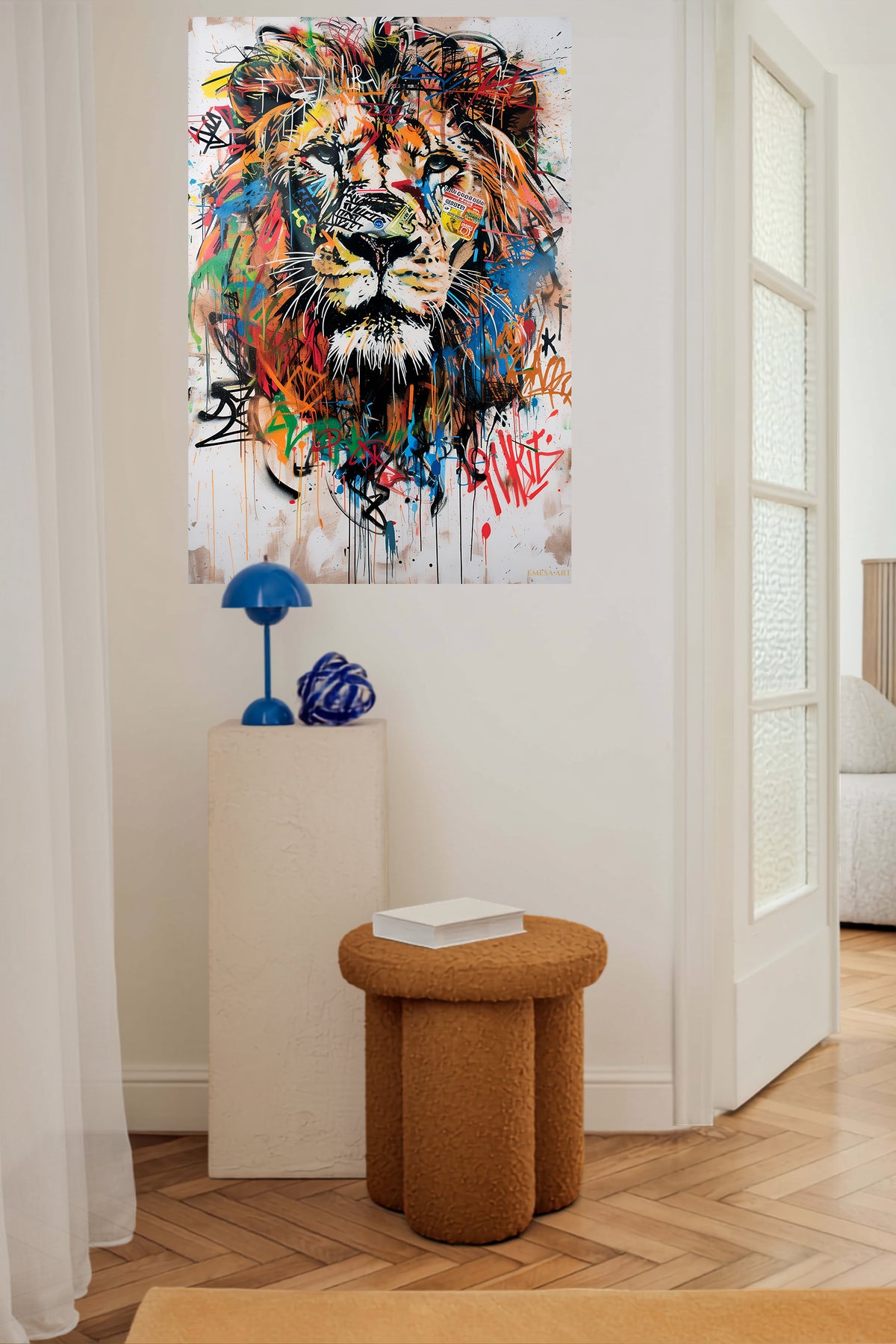 Graffiti Lion metal wall art displayed in a contemporary living space