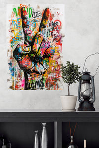 Graffiti Peace Hand metal wall art displayed in a modern interior