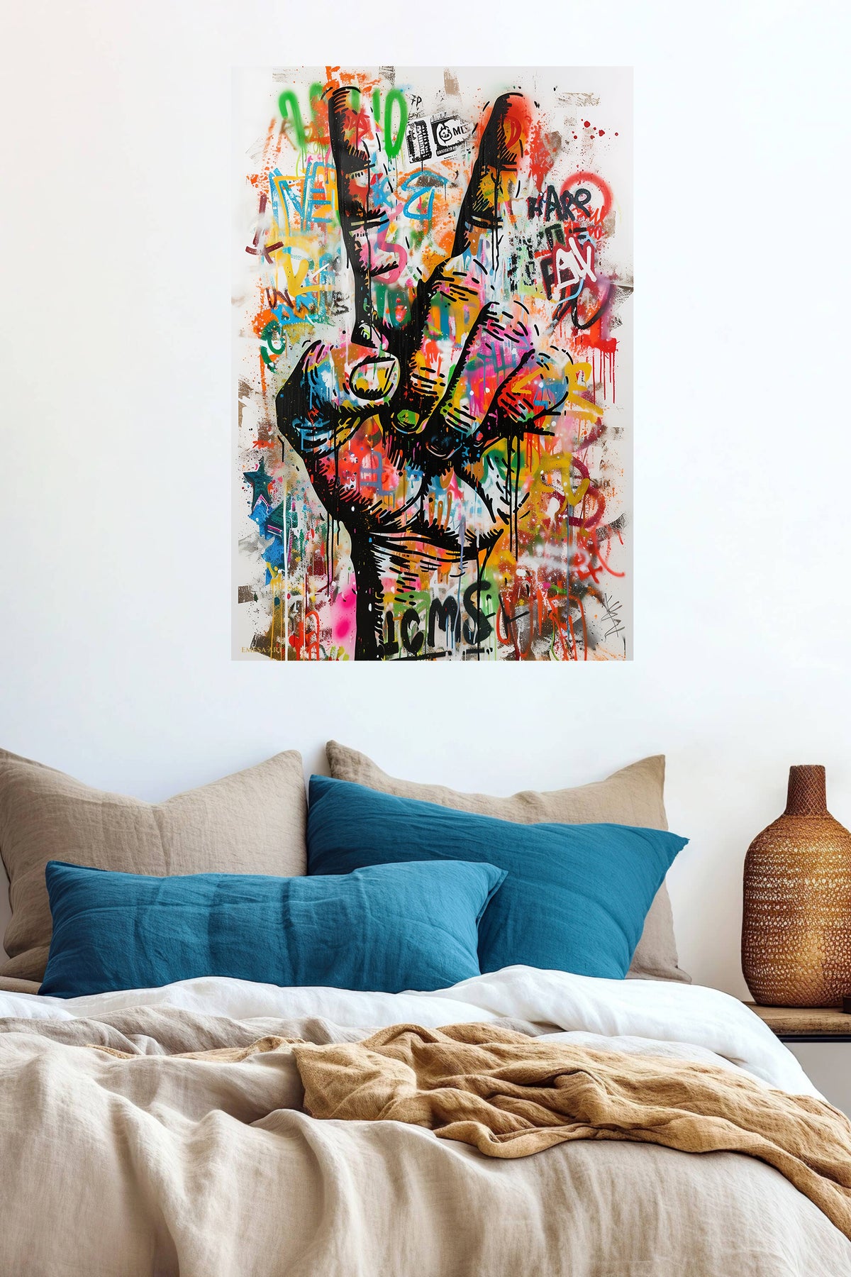 Graffiti Peace Hand metal wall art displayed in a contemporary living space