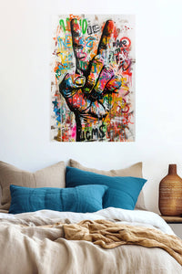 Graffiti Peace Hand metal wall art displayed in a contemporary living space