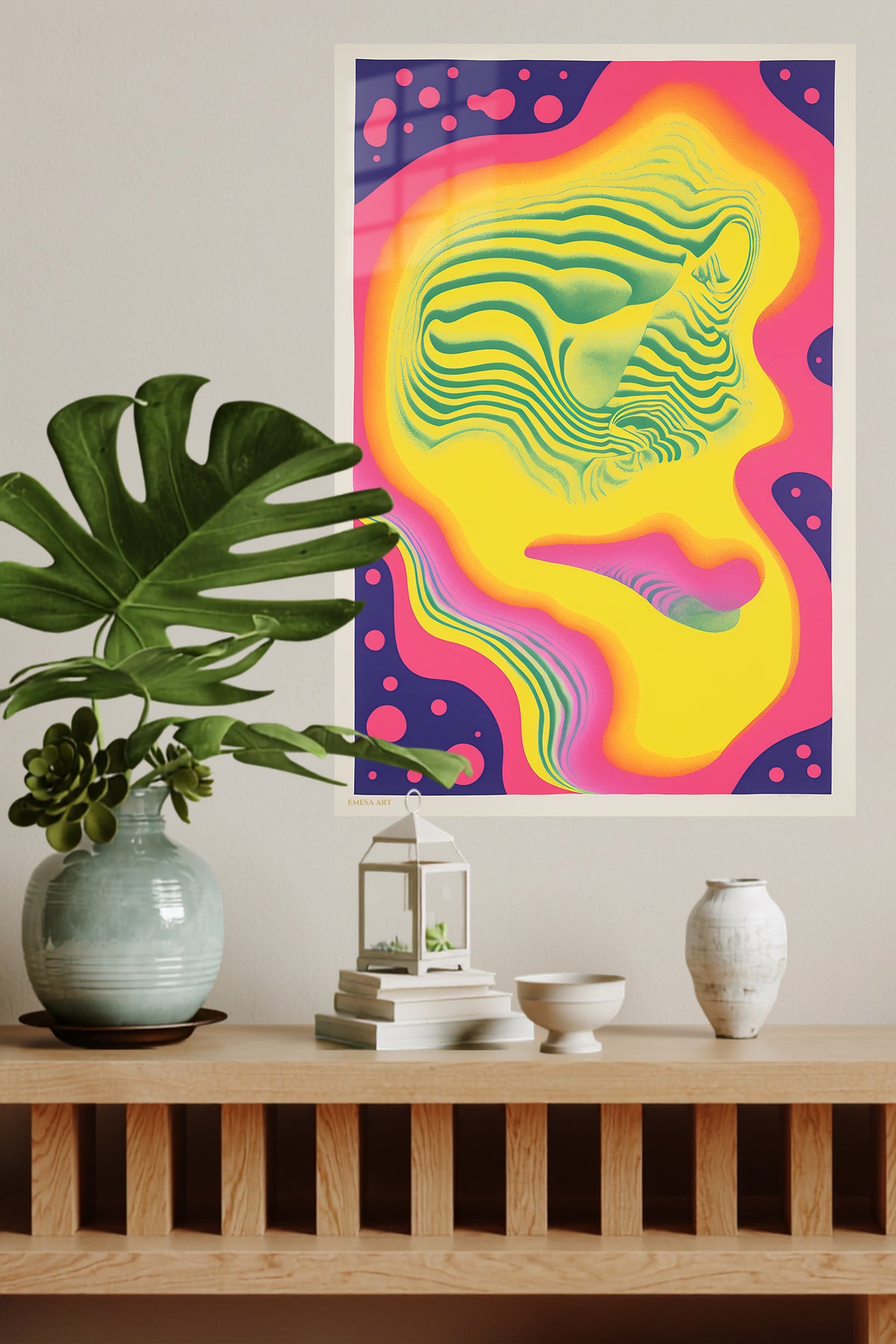 Psychedelic Profile metal wall art displayed in a modern interior