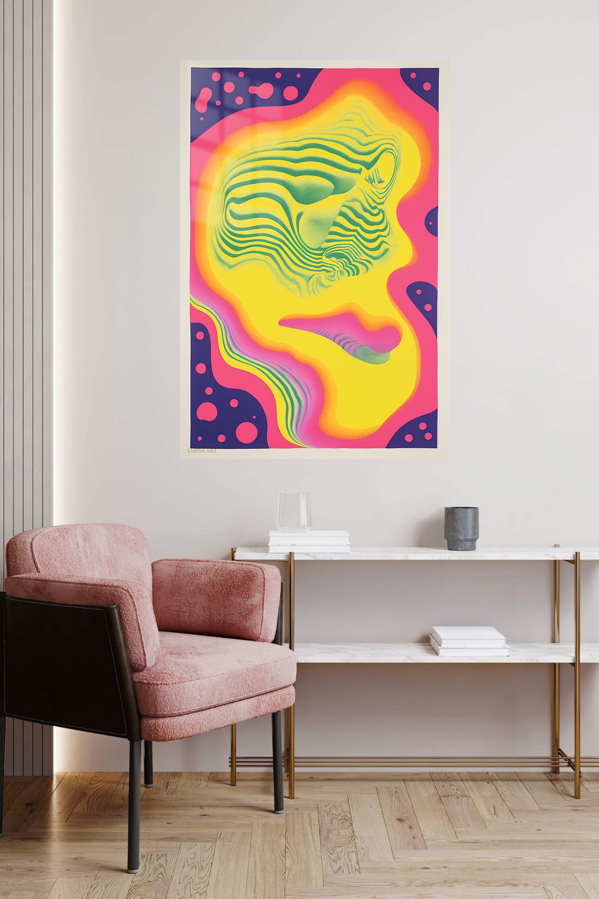 Psychedelic Profile metal wall art displayed in a contemporary living space