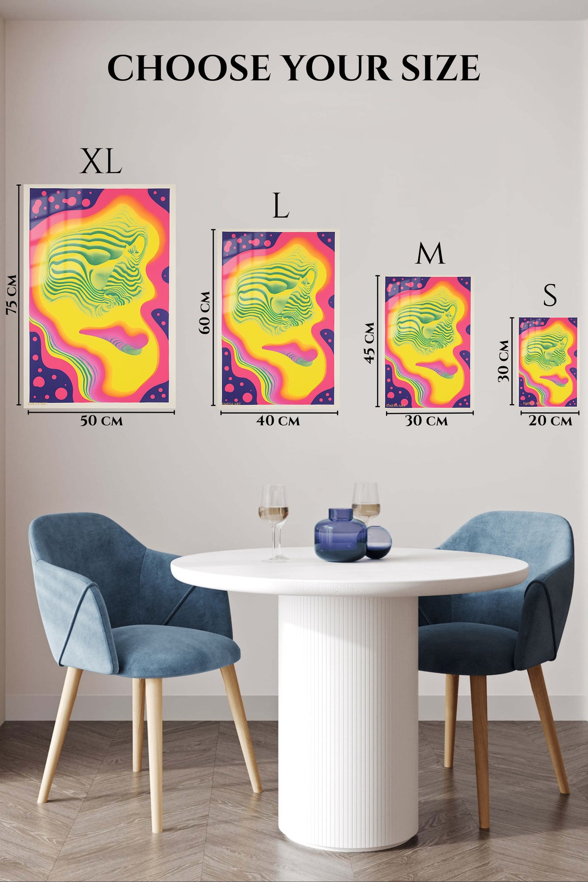 EMESA metal wall art size comparison guide for Psychedelic Profile