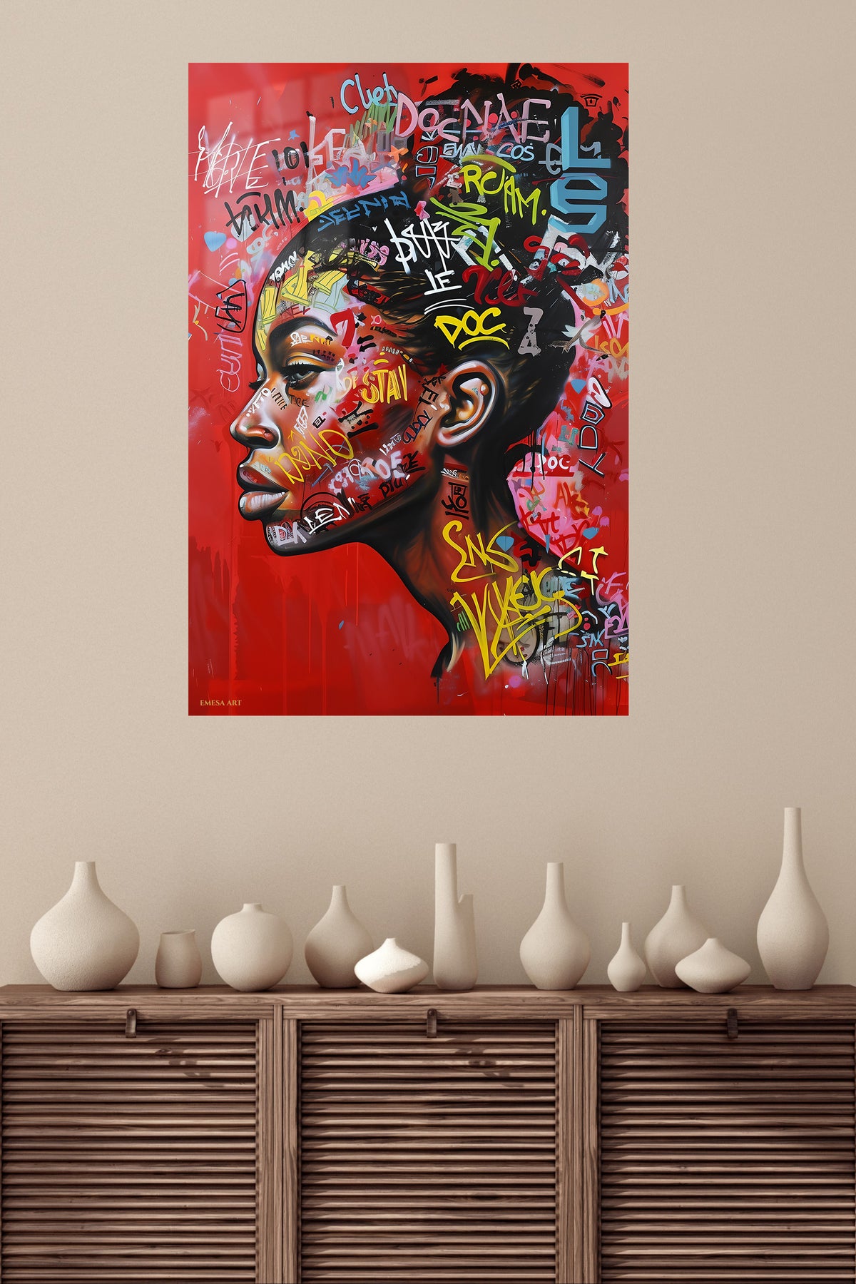 Graffiti Profile Portrait metal wall art displayed in a modern interior