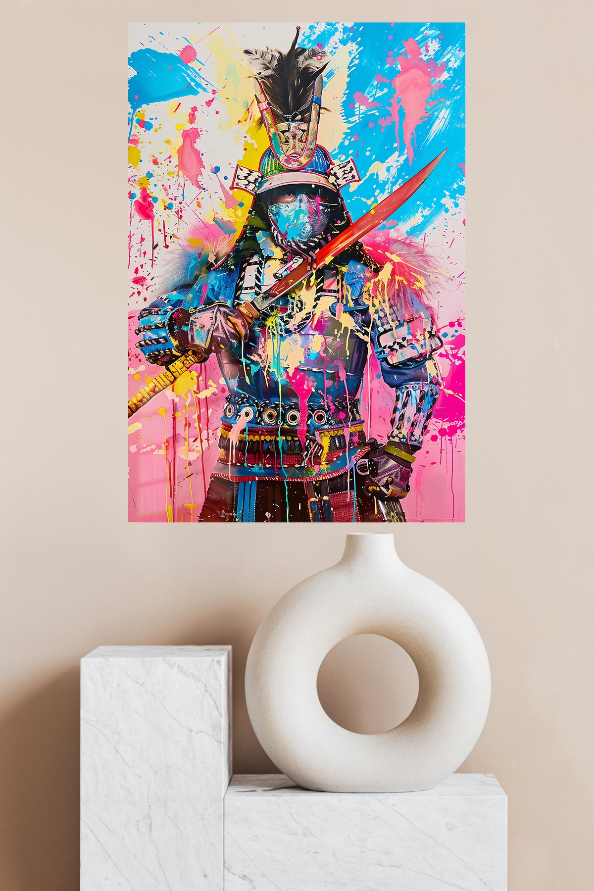 Color Splash Samurai Warrior metal wall art displayed in a modern interior
