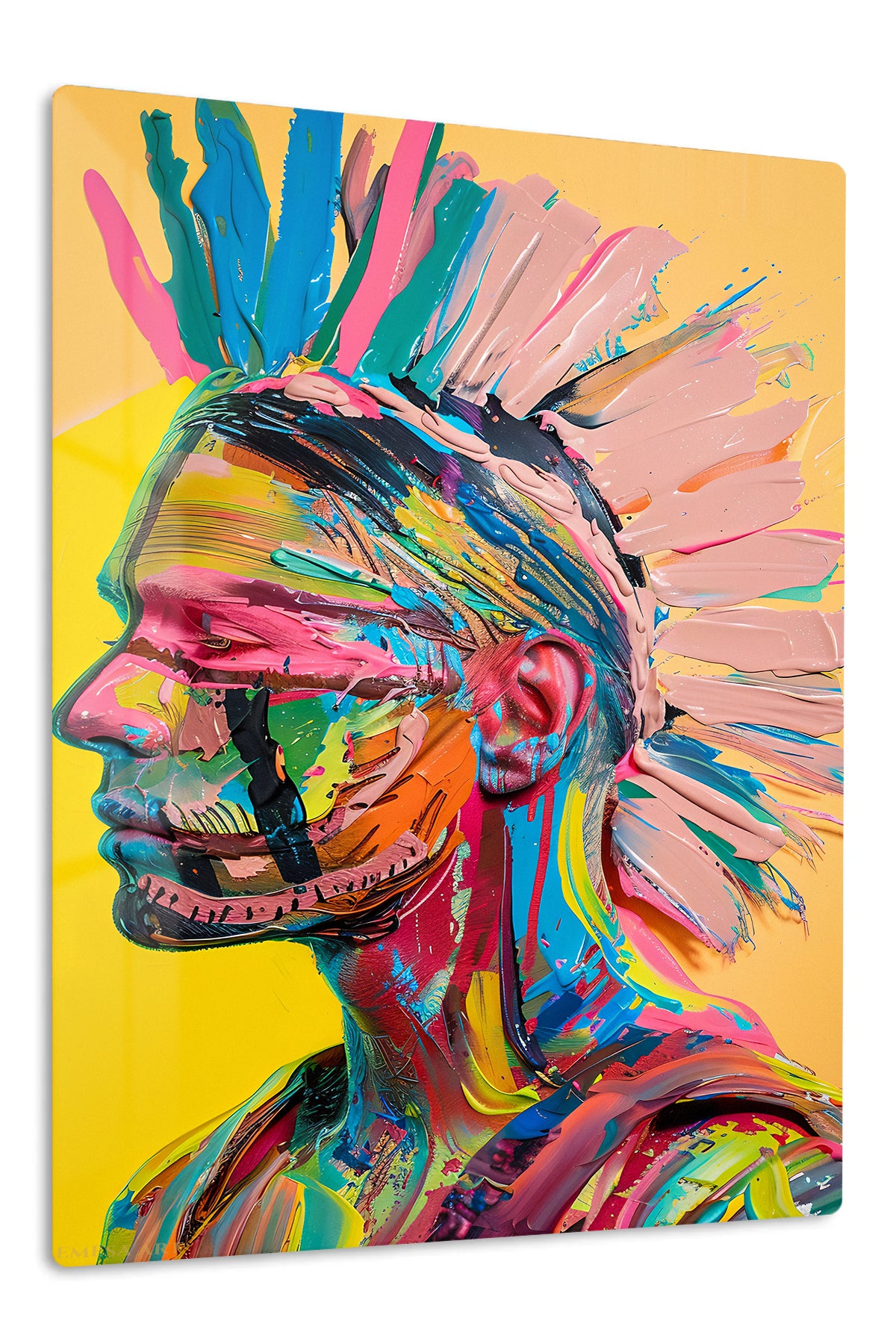 Colorful Mohawk Warrior Portrait premium metal wall art – front view