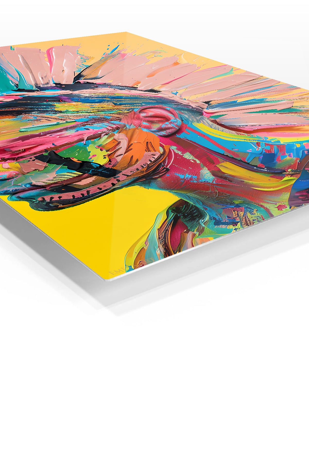 Colorful Mohawk Warrior Portrait premium metal wall art – angled view