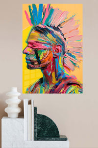 Colorful Mohawk Warrior Portrait metal wall art displayed in a modern interior