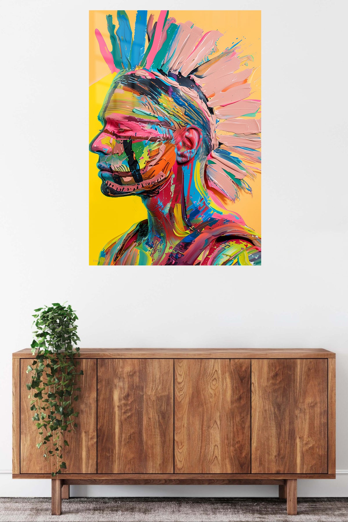 Colorful Mohawk Warrior Portrait metal wall art displayed in a contemporary living space
