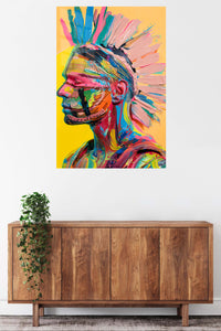 Colorful Mohawk Warrior Portrait metal wall art displayed in a contemporary living space