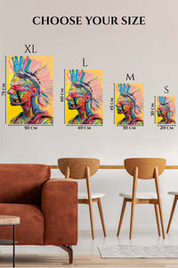 EMESA metal wall art size comparison guide for Colorful Mohawk Warrior Portrait