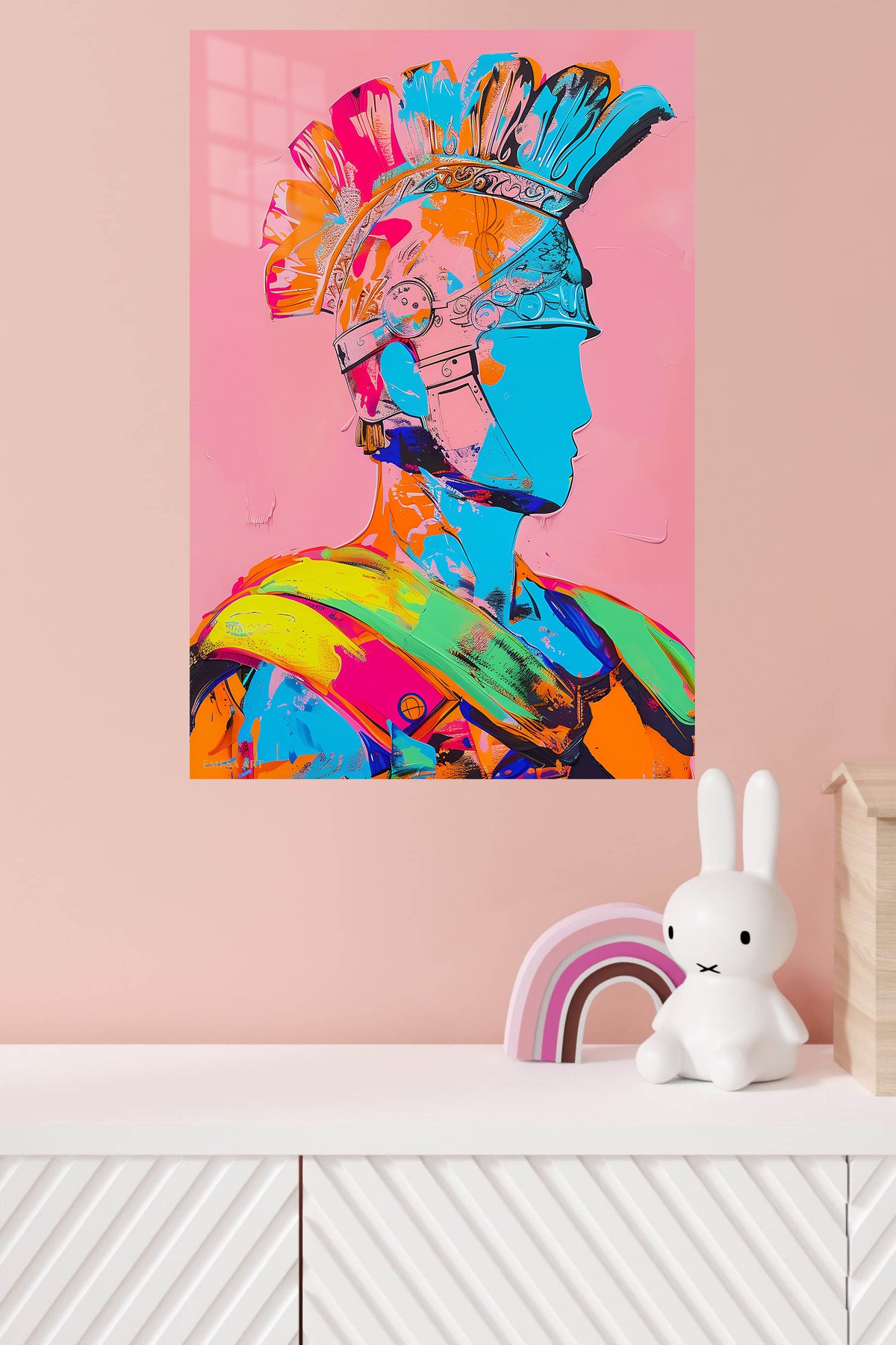 Neon Roman Helmet Portrait metal wall art displayed in a modern interior