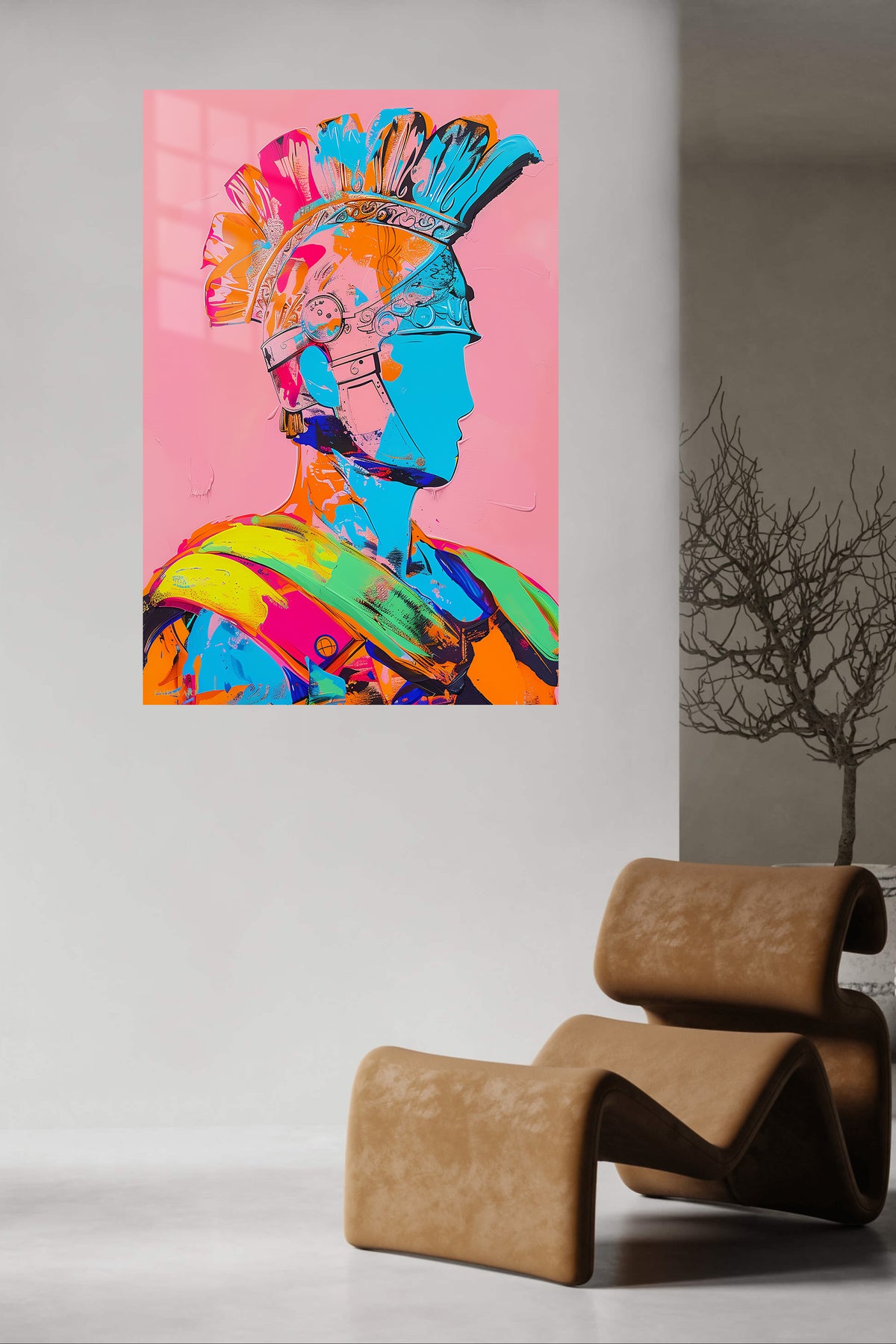 Neon Roman Helmet Portrait metal wall art displayed in a contemporary living space