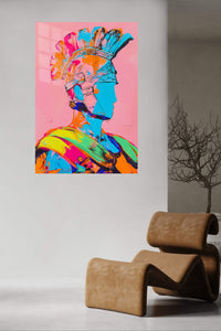 Neon Roman Helmet Portrait metal wall art displayed in a contemporary living space
