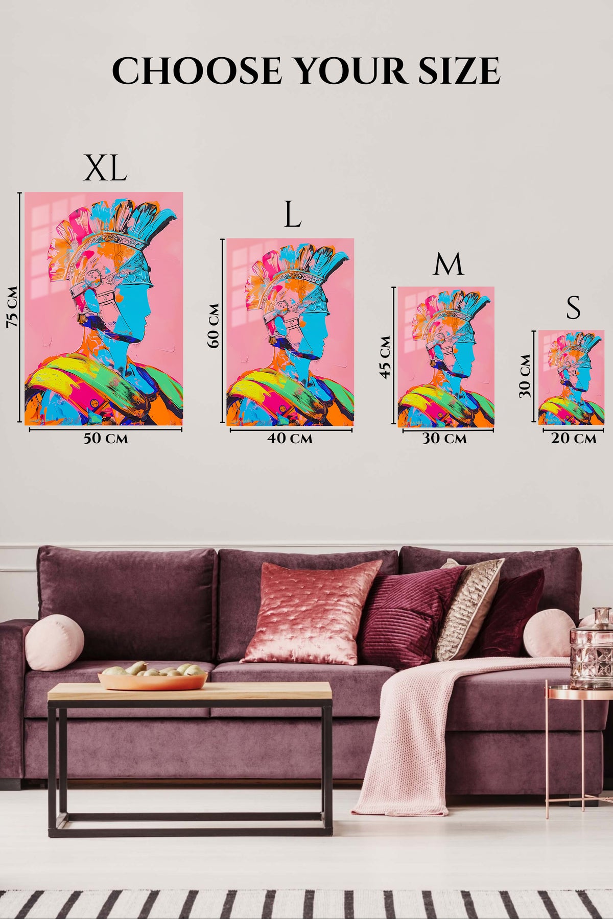 EMESA metal wall art size comparison guide for Neon Roman Helmet Portrait