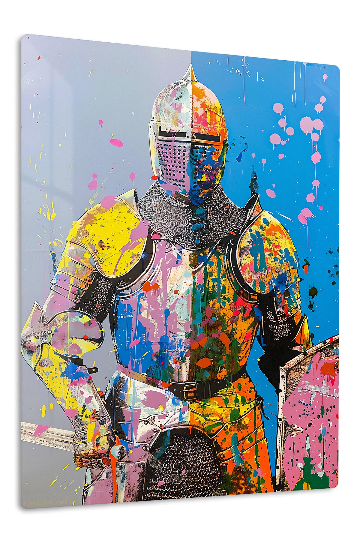 Paint Splash Armored Knight premium metal wall art – front view