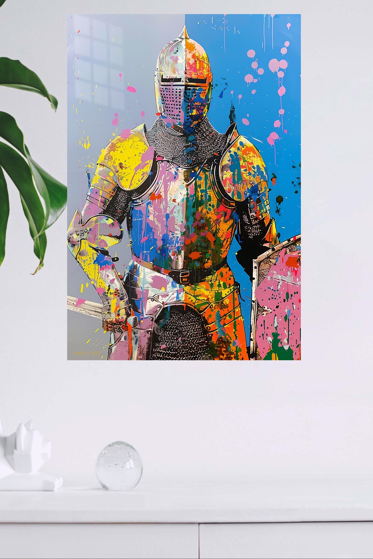 Paint Splash Armored Knight metal wall art displayed in a modern interior