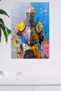 Paint Splash Armored Knight metal wall art displayed in a modern interior