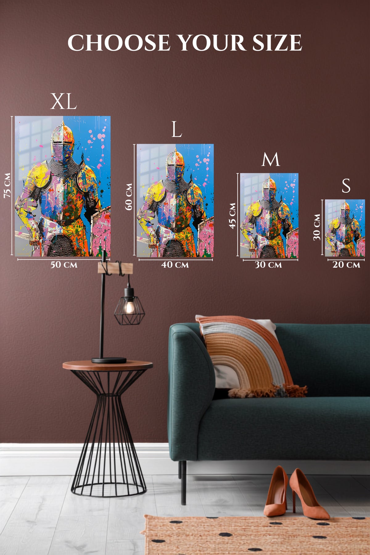 EMESA metal wall art size comparison guide for Paint Splash Armored Knight