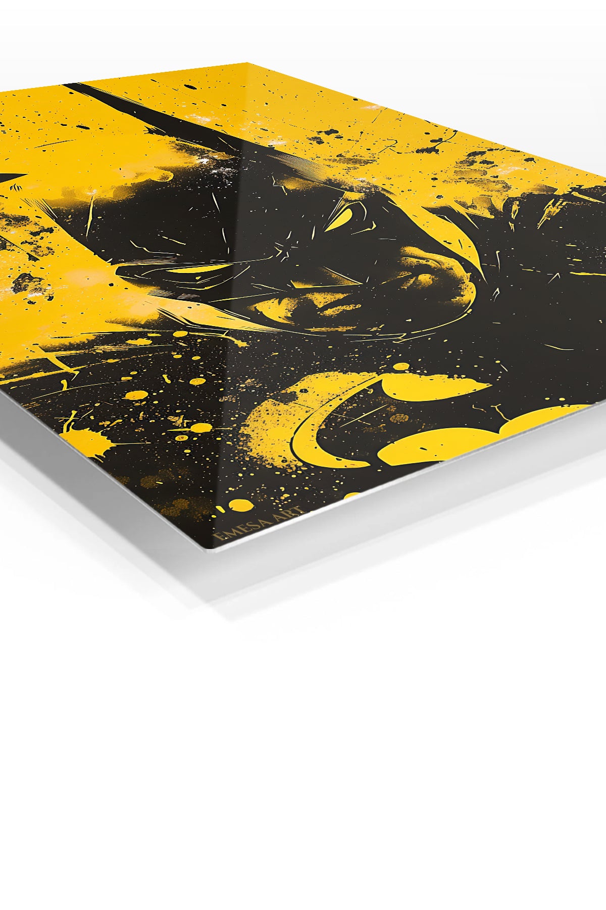 Yellow Noir Bat Hero premium metal wall art – angled view