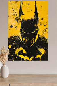 Yellow Noir Bat Hero metal wall art displayed in a modern interior