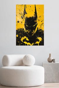 Yellow Noir Bat Hero metal wall art displayed in a contemporary living space