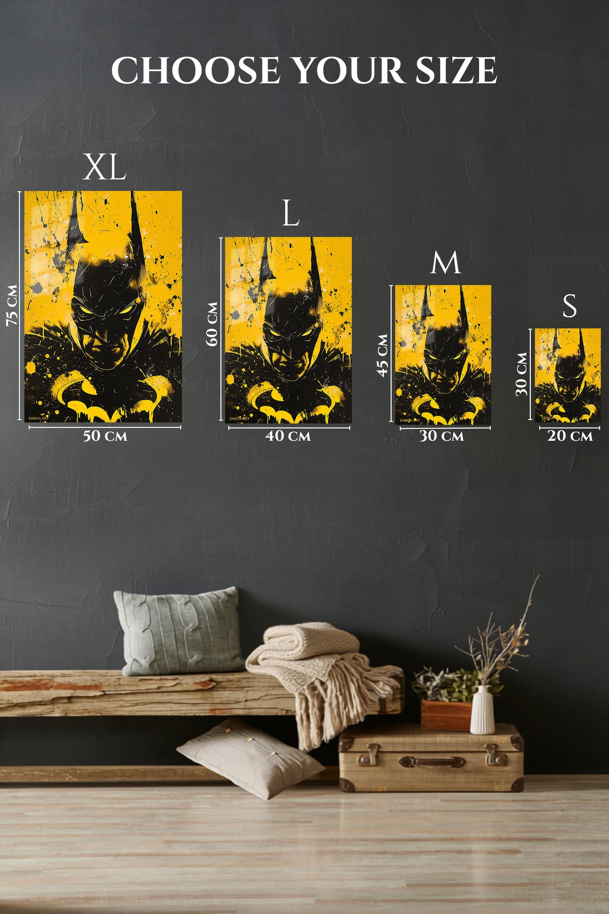 EMESA metal wall art size comparison guide for Yellow Noir Bat Hero