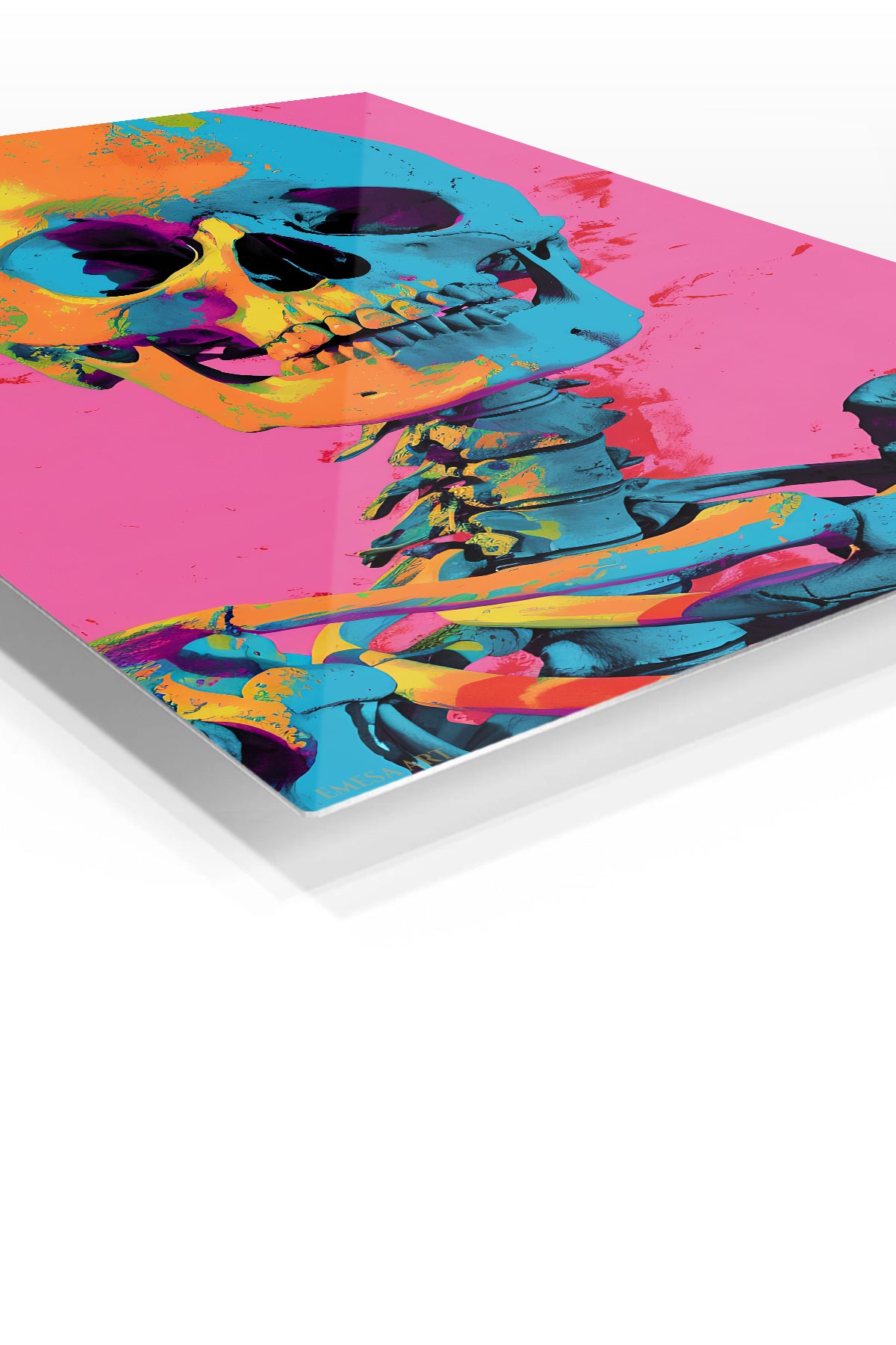Neon Pop Art Skeleton premium metal wall art – angled view