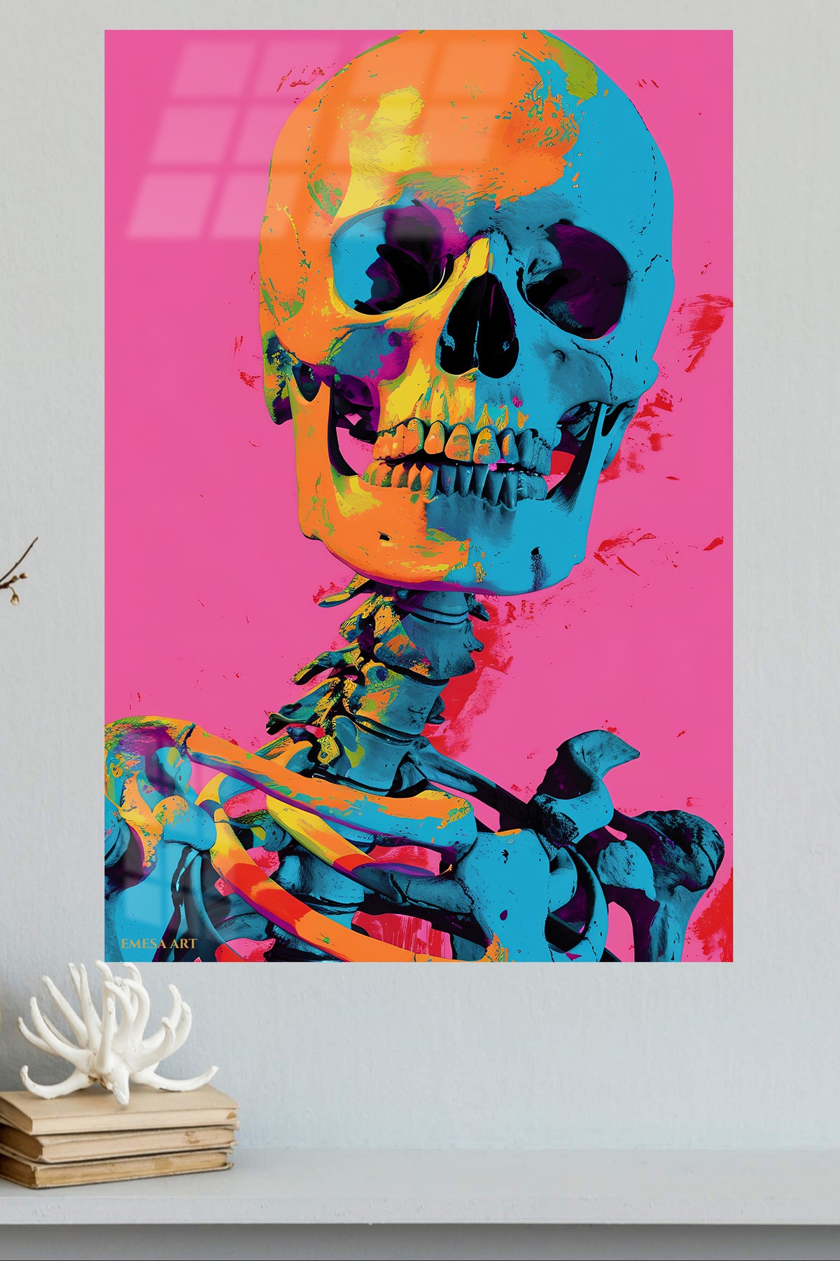 Neon Pop Art Skeleton metal wall art displayed in a modern interior