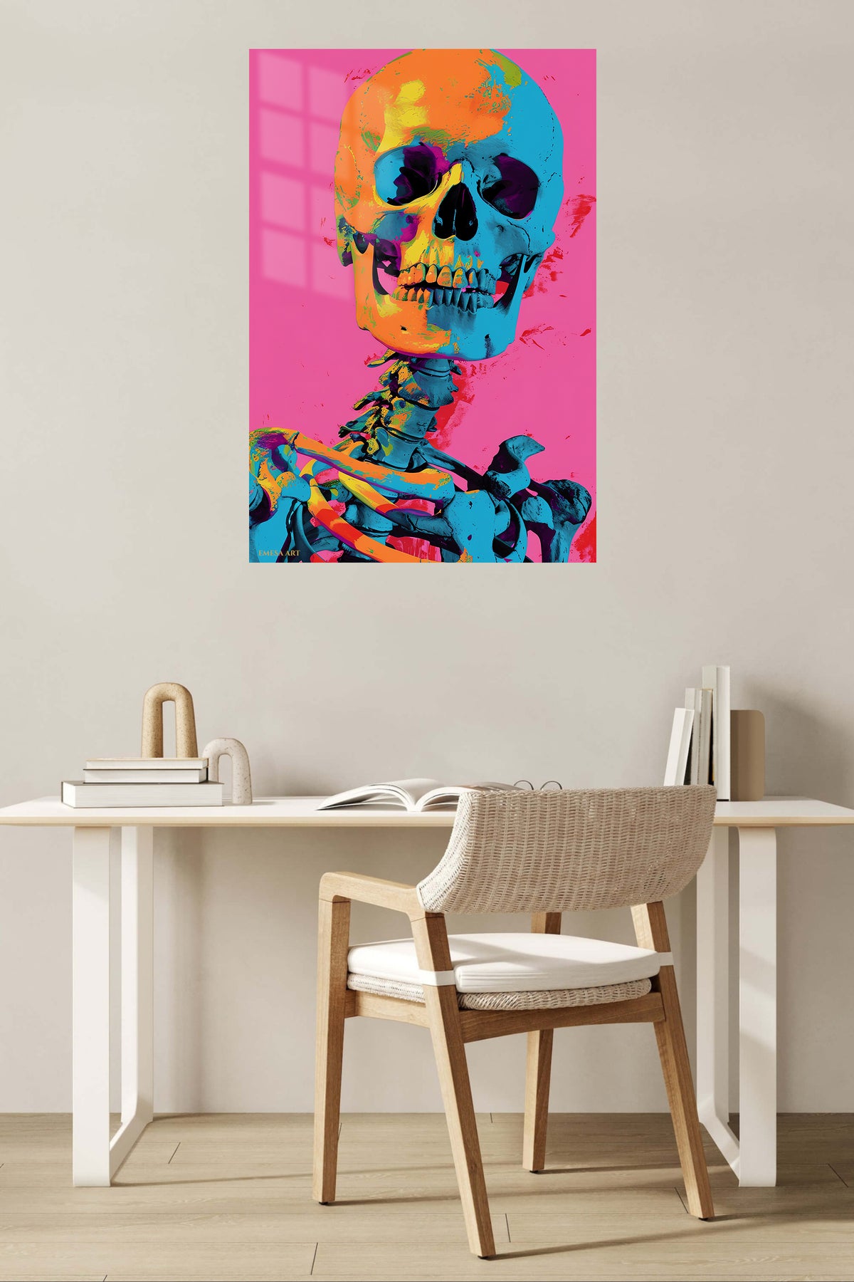 Neon Pop Art Skeleton metal wall art displayed in a contemporary living space