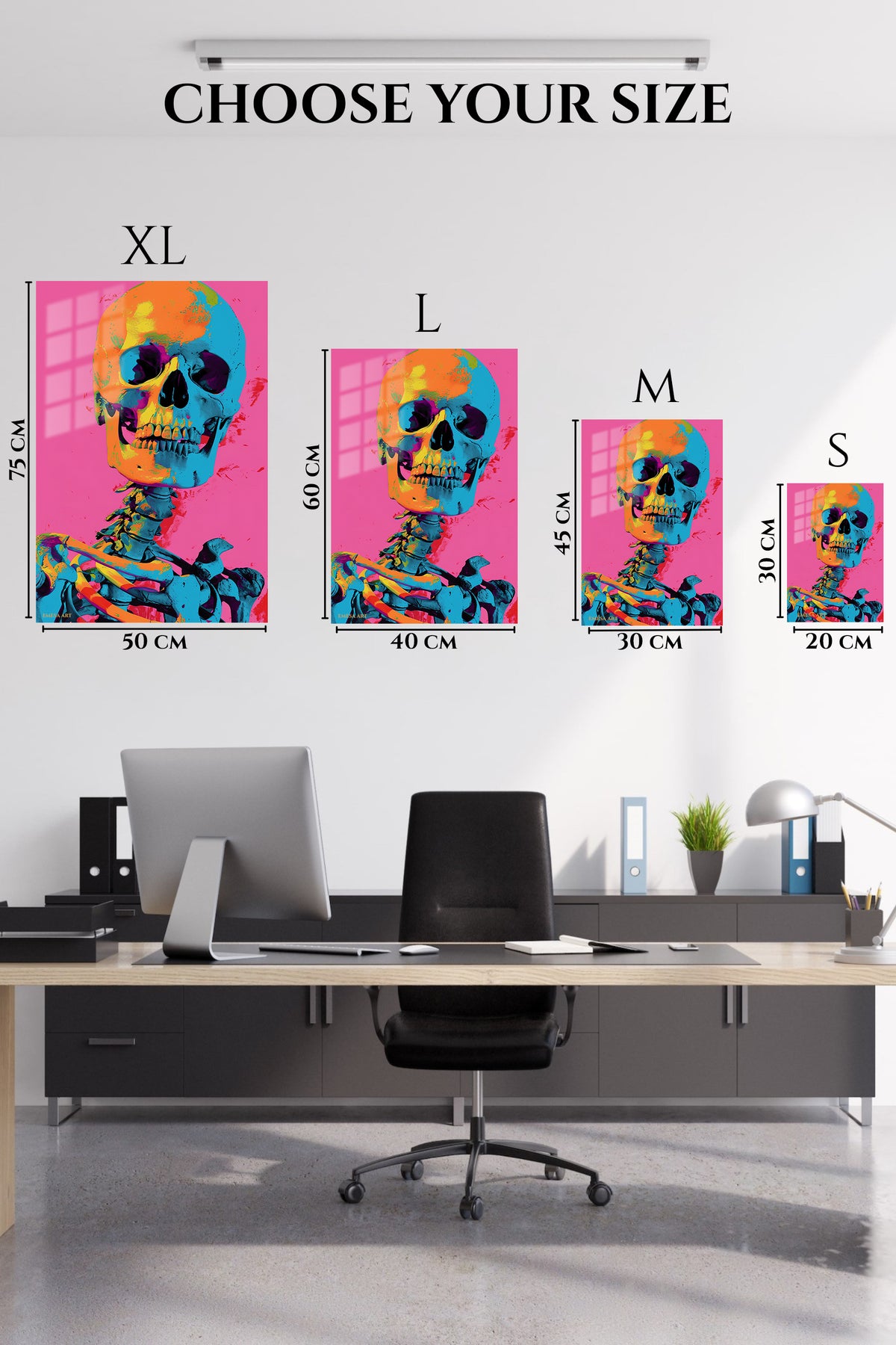 EMESA metal wall art size comparison guide for Neon Pop Art Skeleton